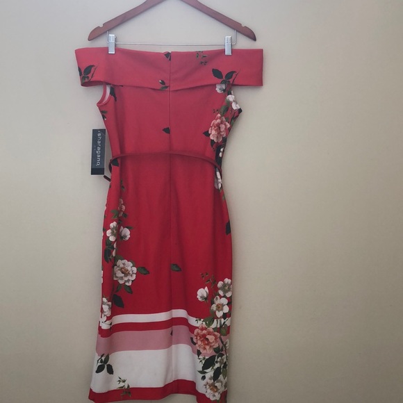NWT Sharagano off shoulder floral dress with belt - Picture 5 of 8